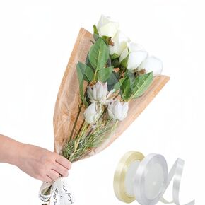 50 PCS Flower Rapping Bass with 2 Rolls Ribbon ، 13.7x15.7 Inch Kraft Paper Flower Flower Plags Port Platial Wrap Gift for Birthday Wedding Platist Wrap Supplies