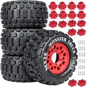 MX28 2.8" Tires and Wheels with 12mm/14mm Hex Upgrade Parts for 1/10 ARRMA Big Rock, Granite, VORTEKS 3S/Stampede, Rustler, Hoss RC Trucks 4pcs/Set(Red)