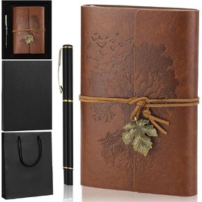 Gueevin Gueruation Leather Journal و Pen Gift Gift Set Dollable Notebook وقلم مع حقيبة هدايا ومربع 150 صفحات A5 مبطنة لتصوير عيد ميلاد التخرج الحاضر ، براون هدية