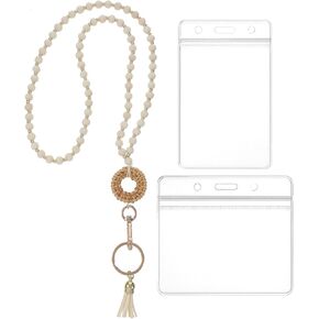 Teacher Lanyard with 2 ID Holder, Specialist Wood Beaded Lanyard for Id Badges and Key Lanyards Boho Cute Teachers Lanyards Badge Necklace Quick Release Key Ring for Women Teacher