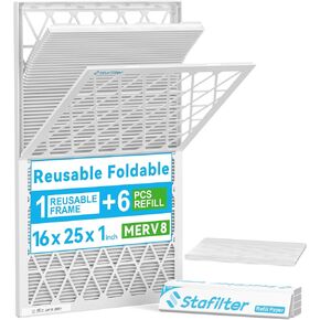 16x25x1 Foldable Air Filter, MERV 8, 6 Pack Replaceable Filter Media with 1 Reusable ABS Plastic Frame, Greener HVAC AC Furnace Air Filters (Actual Size:15.75"x24.76"x0.75")