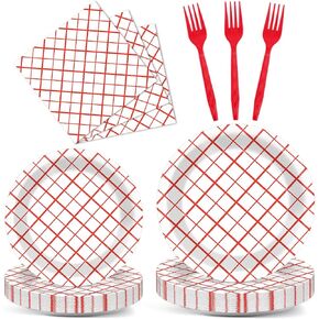 96Pcs Red and White Plaid Party Supplies Christmas Gingham Paper Plates Napkins Picnic Party Tableware Set Red Checkered Dinnerware for Girl Birthday Party Baby Shower Decoration Serve 24