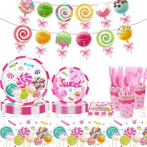 71 Pcs Candyland Party Supplies, Candy Tableware Set Serves for 8 Guests, Candy Tablecloth Lollipop Plates Spoons Knives Forks Napkins for Girls Kids for Baby Shower Lollipop Birthday Party Decor