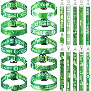 Ecaly 60 PCS التوعية بالصحة العقلية - سلاسل مفاتيح الحبل والأساور القابلة للتعديل هدايا صحية كبيرة هدايا الشريط الأخضر حلقات وأساور لمستلزمات حفلات الصحة العقلية