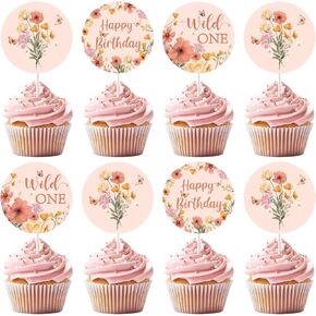 Wild One Birthday Decorations Girl, 36pcs Wildflower First Birthday Decorations Cupcake Toppers for Our Little Wildflower Is Turning One Birthday Decorations