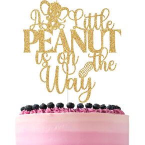 Gold Glitter A Little Peanut is on the Way Cake Topper, Elephant Theme Newbaby Welcome Baby Cake Décor, Funny Baby Shower Gender Reveal Party Decorations Supplies