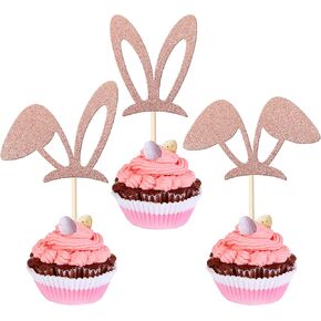 RSSTARXI 24 Pack Glitter Happy Easte Cupcake Topcake Carrot Rabbit Easter Egg Decor Cupcake تختار للأرنب موضوع أذن الطفل ربيع زخارف عيد الفصح عيد الفصح