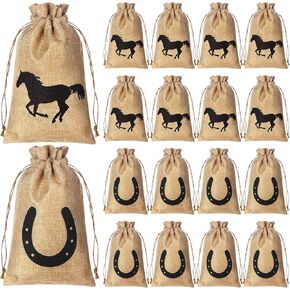 Vincreem 16 Pieces Western Horse Party Favor 6 x 10 inch Horse Party Bags with Drawstring Reusable Horsehead and Horseshoe Pattern Treat Goodie Candy Gift Bags for Cowboy Birthday Party Decor