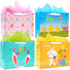 Nihuecne 4 Pack Extra Easter Gift Facs With With Tissue Paper ، 16 "أكياس هدايا ورقية مع مقابض لفريق هدايا عيد الفصح ، 4 تصميمات