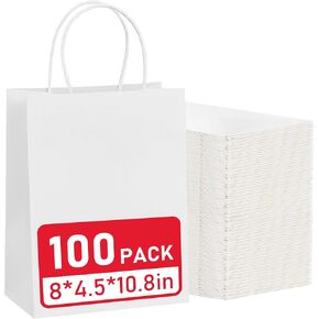 VPACKDUO 100 Pcs Gift Bags 8x4.5x10.8 Brown Kraft Paper Bags with Handles Bulk for Wedding, Party Favors, Grocery, Shopping, Retail Merchandise, Gift Sacks