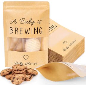 Whaline 50 Pack Kraft Paper Resealable Bags Coffee Baby Shower Favor Bags A Baby is Brewing Stand Up Pouches Bags with Window for Gender Reveal Party Donuts Goodie Candy Gifts Supplies, 3.9x5.9 Inch