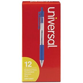 Universal 15531 Economy Retractable Ballpoint Pen, Blue Ink, Clear, 1mm, Dozen