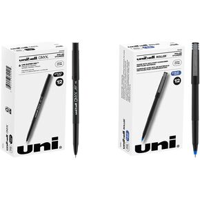 يوني كرة أسطوانة أقلام أسطوانة رفيعة نصيحة صغيرة ، 0.5 مم ، أزرق ، 12 حزمة و Onyx Rollerball Pens Micro Tip ، 0.5 مم ، أسود ، 12 حزمة