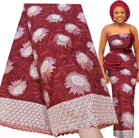 Bestway Rhinestones Embroidery Swiss Voile African Lace Fabric 5 Yards Nigerian Lace Fabric for Wedding Party Dress (Wine Red) in Saudi Arabia