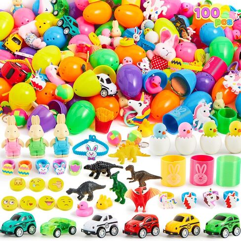 JOYIN 100 PCS Prefilled Easter Eggs with Assorted Toys Plus Stickers Inside, Plastic Eggs for Kids Hunt, Basket Stuffers Fillers, Party Favors, Classroom Prize Supplies in Saudi Arabia
