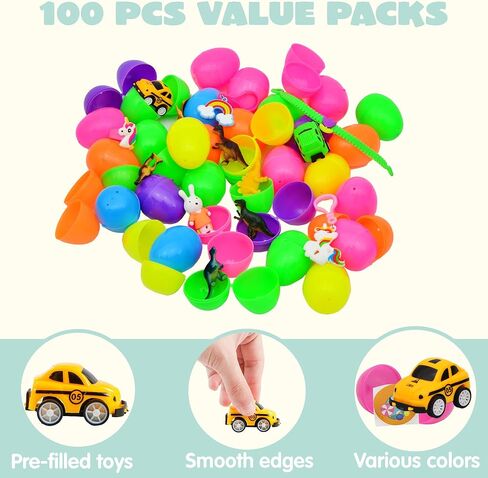 JOYIN 100 PCS Prefilled Easter Eggs with Assorted Toys Plus Stickers Inside, Plastic Eggs for Kids Hunt, Basket Stuffers Fillers, Party Favors, Classroom Prize Supplies in Saudi Arabia