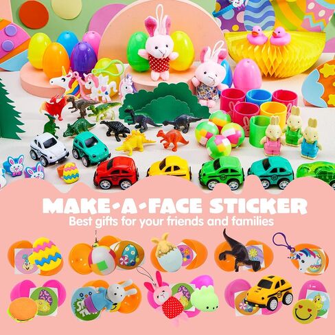 JOYIN 100 PCS Prefilled Easter Eggs with Assorted Toys Plus Stickers Inside, Plastic Eggs for Kids Hunt, Basket Stuffers Fillers, Party Favors, Classroom Prize Supplies in Saudi Arabia
