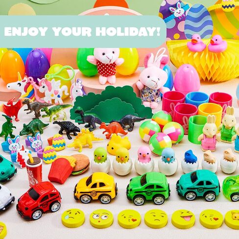 JOYIN 100 PCS Prefilled Easter Eggs with Assorted Toys Plus Stickers Inside, Plastic Eggs for Kids Hunt, Basket Stuffers Fillers, Party Favors, Classroom Prize Supplies in Saudi Arabia