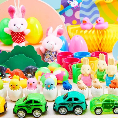JOYIN 100 PCS Prefilled Easter Eggs with Assorted Toys Plus Stickers Inside, Plastic Eggs for Kids Hunt, Basket Stuffers Fillers, Party Favors, Classroom Prize Supplies in Saudi Arabia