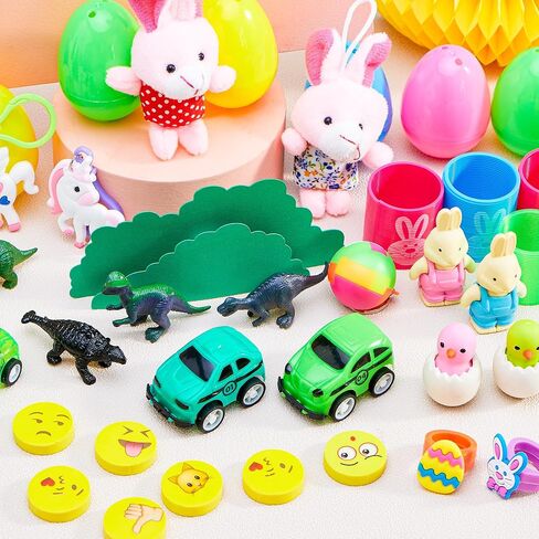 JOYIN 100 PCS Prefilled Easter Eggs with Assorted Toys Plus Stickers Inside, Plastic Eggs for Kids Hunt, Basket Stuffers Fillers, Party Favors, Classroom Prize Supplies in Saudi Arabia