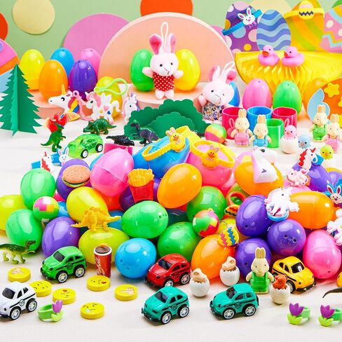 JOYIN 100 PCS Prefilled Easter Eggs with Assorted Toys Plus Stickers Inside, Plastic Eggs for Kids Hunt, Basket Stuffers Fillers, Party Favors, Classroom Prize Supplies in Saudi Arabia