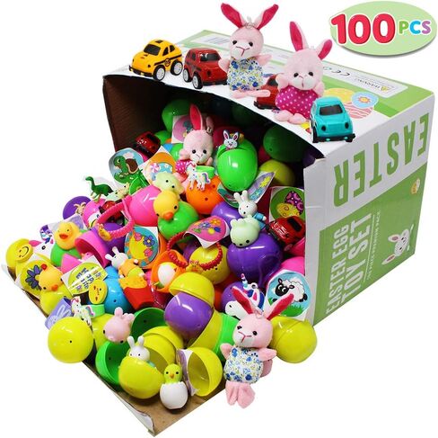 JOYIN 100 PCS Prefilled Easter Eggs with Assorted Toys Plus Stickers Inside, Plastic Eggs for Kids Hunt, Basket Stuffers Fillers, Party Favors, Classroom Prize Supplies in Saudi Arabia