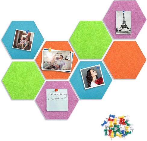 8 Packs Hexagon Felt Pin Board, 12" Bulletin Board with 30 Push Pins, Felt Board for Home Kitchen Office Decor, Self-Adhesive Corkboard Tiles for Walls School Message Photos Memos-Colorful in Saudi Arabia