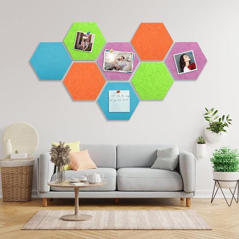 8 Packs Hexagon Felt Pin Board, 12" Bulletin Board with 30 Push Pins, Felt Board for Home Kitchen Office Decor, Self-Adhesive Corkboard Tiles for Walls School Message Photos Memos-Colorful in Saudi Arabia