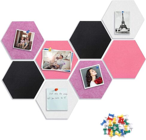 8 Packs Hexagon Felt Pin Board, 12" Bulletin Board with 30 Push Pins, Felt Board for Home Kitchen Office Decor, Self-Adhesive Corkboard Tiles for Walls School Message Photos Memos-Colorful in Saudi Arabia