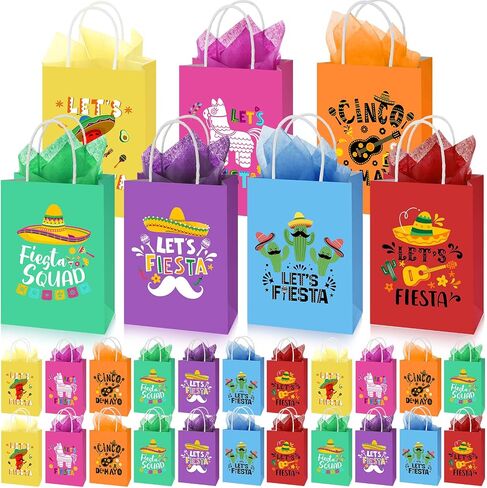 Eersida 21 Pcs Mexican Party Favor Bags with Handles, Cinco de Mayo Paper Goodie Bags with Tissue Fiesta Treat Candy Goodie Gift Bags for Baby Shower Mexican Theme Party Birthday Decorations in Saudi Arabia