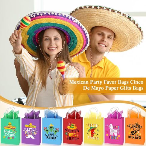 Eersida 21 Pcs Mexican Party Favor Bags with Handles, Cinco de Mayo Paper Goodie Bags with Tissue Fiesta Treat Candy Goodie Gift Bags for Baby Shower Mexican Theme Party Birthday Decorations in Saudi Arabia