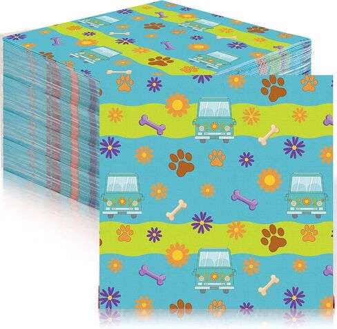 Marspark 100 Pcs Cartoon Dog Party Supplies Mysterious Car Hippie Paper Napkins Disposable Paw Daisy Flower Mystery Bus Cocktail Napkins for Themed Party Birthday Supplies, 6.5 x 6.5 Inches in Saudi Arabia