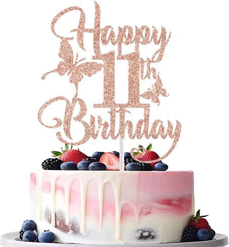 Happy 11th Birthday Cake Topper, 11th Birthday Cake Decor, 11 Year Old Birthday, 11th Happy Birthday Anniversary Party Decorations Supplies, Rose Gold Glitter in Saudi Arabia