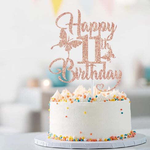 Happy 11th Birthday Cake Topper, 11th Birthday Cake Decor, 11 Year Old Birthday, 11th Happy Birthday Anniversary Party Decorations Supplies, Rose Gold Glitter in Saudi Arabia