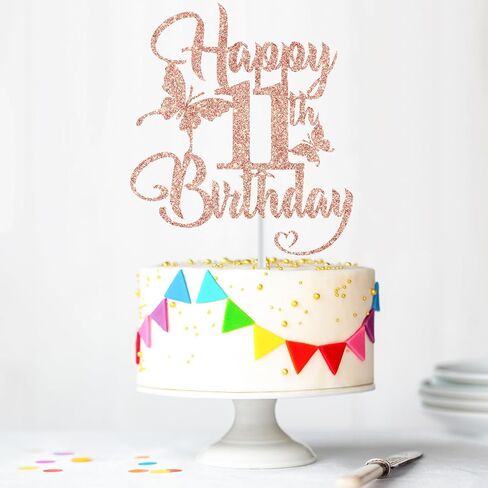 Happy 11th Birthday Cake Topper, 11th Birthday Cake Decor, 11 Year Old Birthday, 11th Happy Birthday Anniversary Party Decorations Supplies, Rose Gold Glitter in Saudi Arabia