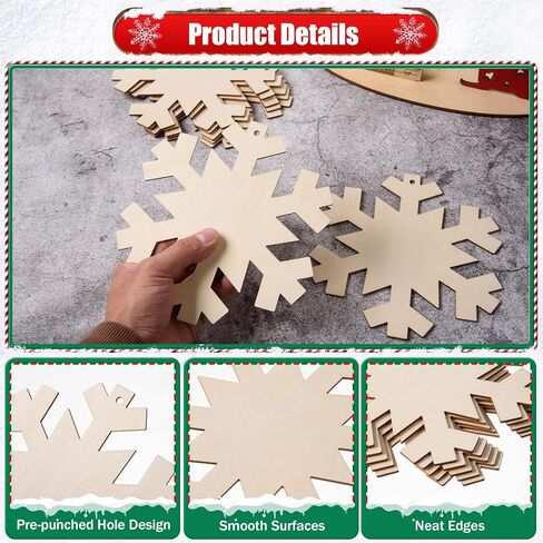 Modooris 24pcs حلي عيد الميلاد الخشبية الحلي الثلجية قاطعات خشبية مع ثقوب الشتاء غير مكتمل للثلوج الخشب حجم كبير في عيد الميلاد فارغة معلقة للطلاء ديكور شجرة عيد الميلاد علامات العطلة DIY in Kuwait
