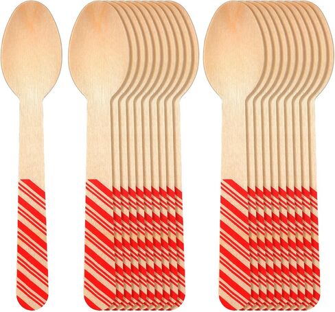 Hoolerry 100 pcs Disposable Christmas Wooden Spoons 5.5'' Red and Green Striped Pattern Spoons Hot Cocoa Chocolate Candy Cane Spoons Winter Tasting Bar Spoons for Cake Coffee Ice Cream in Kuwait