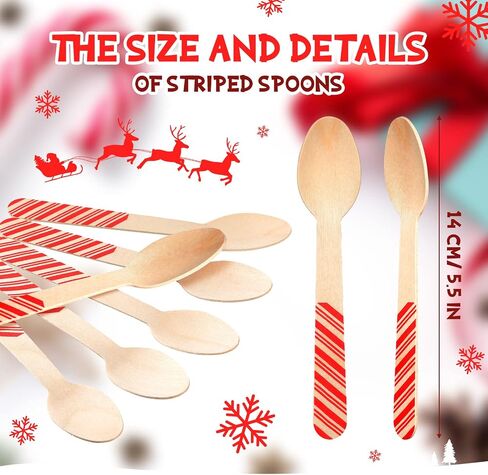 Hoolerry 100 pcs Disposable Christmas Wooden Spoons 5.5'' Red and Green Striped Pattern Spoons Hot Cocoa Chocolate Candy Cane Spoons Winter Tasting Bar Spoons for Cake Coffee Ice Cream in Kuwait