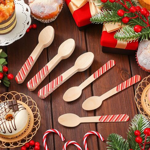 Hoolerry 100 pcs Disposable Christmas Wooden Spoons 5.5'' Red and Green Striped Pattern Spoons Hot Cocoa Chocolate Candy Cane Spoons Winter Tasting Bar Spoons for Cake Coffee Ice Cream in Kuwait