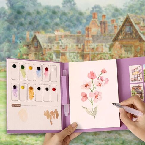 5x7'' Portable Watercolor Coloring Book for Adults DIY Stress Relief Foldable Watercolor Painting Book with 24-Color Solid Watercolor Paint Set Animal Watercolor Painting Pad in Kuwait