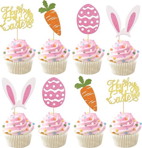 Rsstarxi 24 Pack Glitter Happy Easte Cupcake Toppers Carrot Rabbit Easter Egg Decor Cupcake Picks for Bunny Ear Theme Baby Shower Spring Theme Birthday Easter Party Cake Decorations in Saudi Arabia