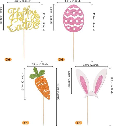 Rsstarxi 24 Pack Glitter Happy Easte Cupcake Toppers Carrot Rabbit Easter Egg Decor Cupcake Picks for Bunny Ear Theme Baby Shower Spring Theme Birthday Easter Party Cake Decorations in Saudi Arabia
