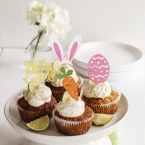 Rsstarxi 24 Pack Glitter Happy Easte Cupcake Toppers Carrot Rabbit Easter Egg Decor Cupcake Picks for Bunny Ear Theme Baby Shower Spring Theme Birthday Easter Party Cake Decorations in Saudi Arabia