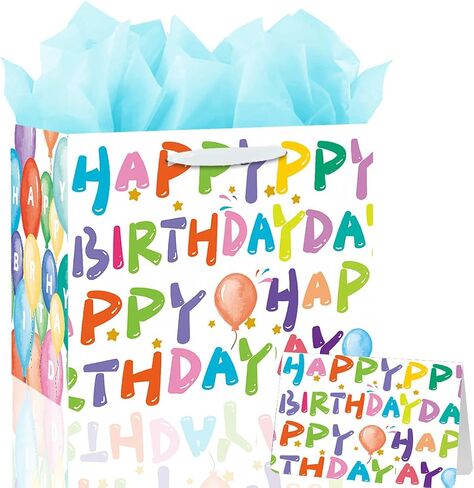 BOLDPIN 13" Large Happy Birthday Gift Bag with Card and Large Tissue Paper for Girls Women Boys Men Birthday with Handles(ColorLetter) in Saudi Arabia