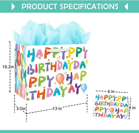 BOLDPIN 13" Large Happy Birthday Gift Bag with Card and Large Tissue Paper for Girls Women Boys Men Birthday with Handles(ColorLetter) in Saudi Arabia