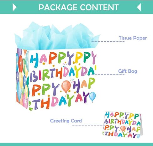 BOLDPIN 13" Large Happy Birthday Gift Bag with Card and Large Tissue Paper for Girls Women Boys Men Birthday with Handles(ColorLetter) in Saudi Arabia