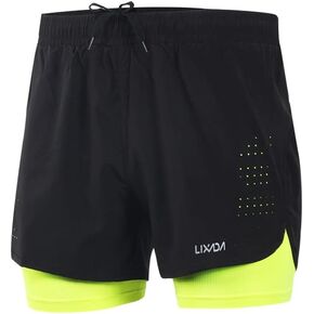 Lixada Men's 2-in-1 Running Shorts Quick Drying Breathable Active Training Exercise Jogging Cycling Shorts with Longer Liner & Reflective Elements, Black/Blue/Green/Grey