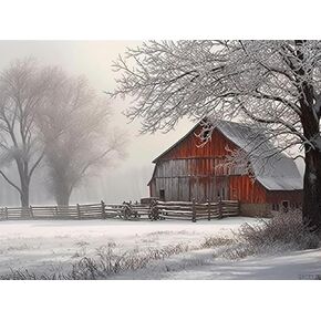Qaceyid Diamond Painting Snow Tree Fog Rural Country Barn Winter Kit للبالغين شتائمًا كاملة من الماس للفن