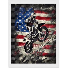 QUOPLMAM Dirt Bike Motocross USA Flag Diamond Art Painting Kit 5D DIY Diamond Art for Home Wall Decor 12"x16"