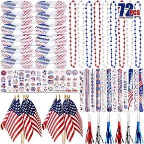 72 PCS 4th July Party Favors تشمل 12 نظارة 12 قلادات حبة 12 أعلام الولايات المتحدة الأمريكية الصغيرة 12 أساور صفعة 12 موضحا الحفلات 12 الوشم المؤقت في الرابع من يوليو.